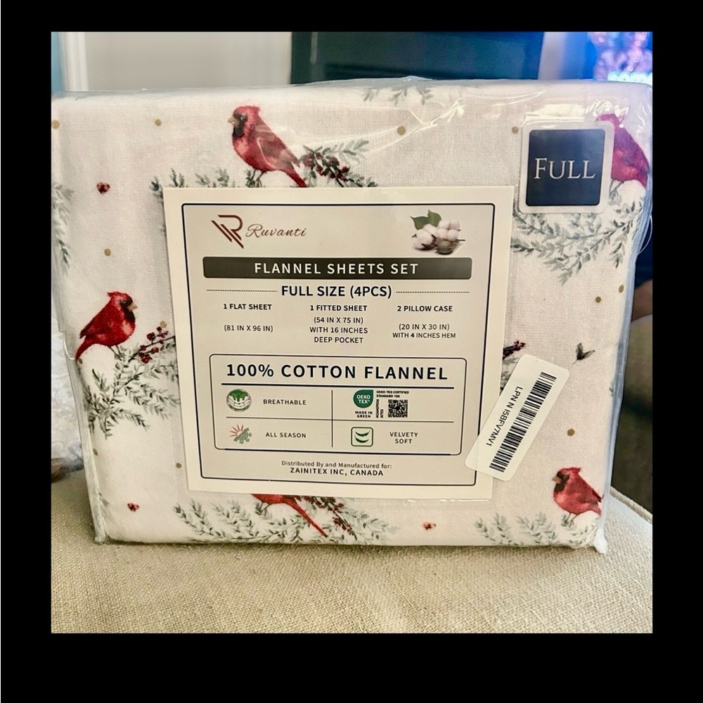 NEW Ruvanti Flannel Sheets Full Size 4 PCS 100% Cotton Breathable Cardinals